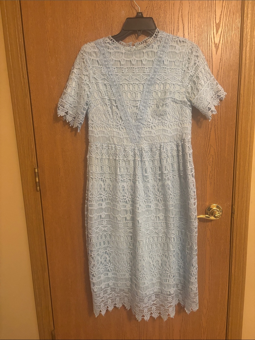 Delicate Light Blue Lace Midi Dress with V-Neck Trim